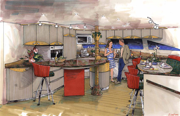 Rendering - Lazzara Yacht, concept drawing of galley