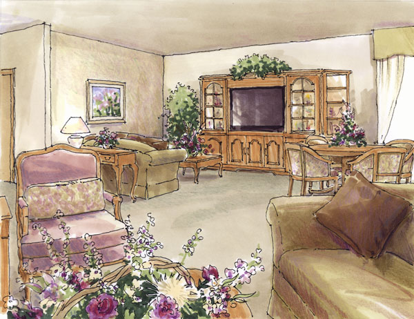 Rendering - Conceptual drawing of a Hospice facility family room